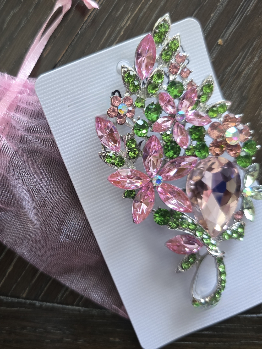 Pink and Green Floral Crystal Brooch